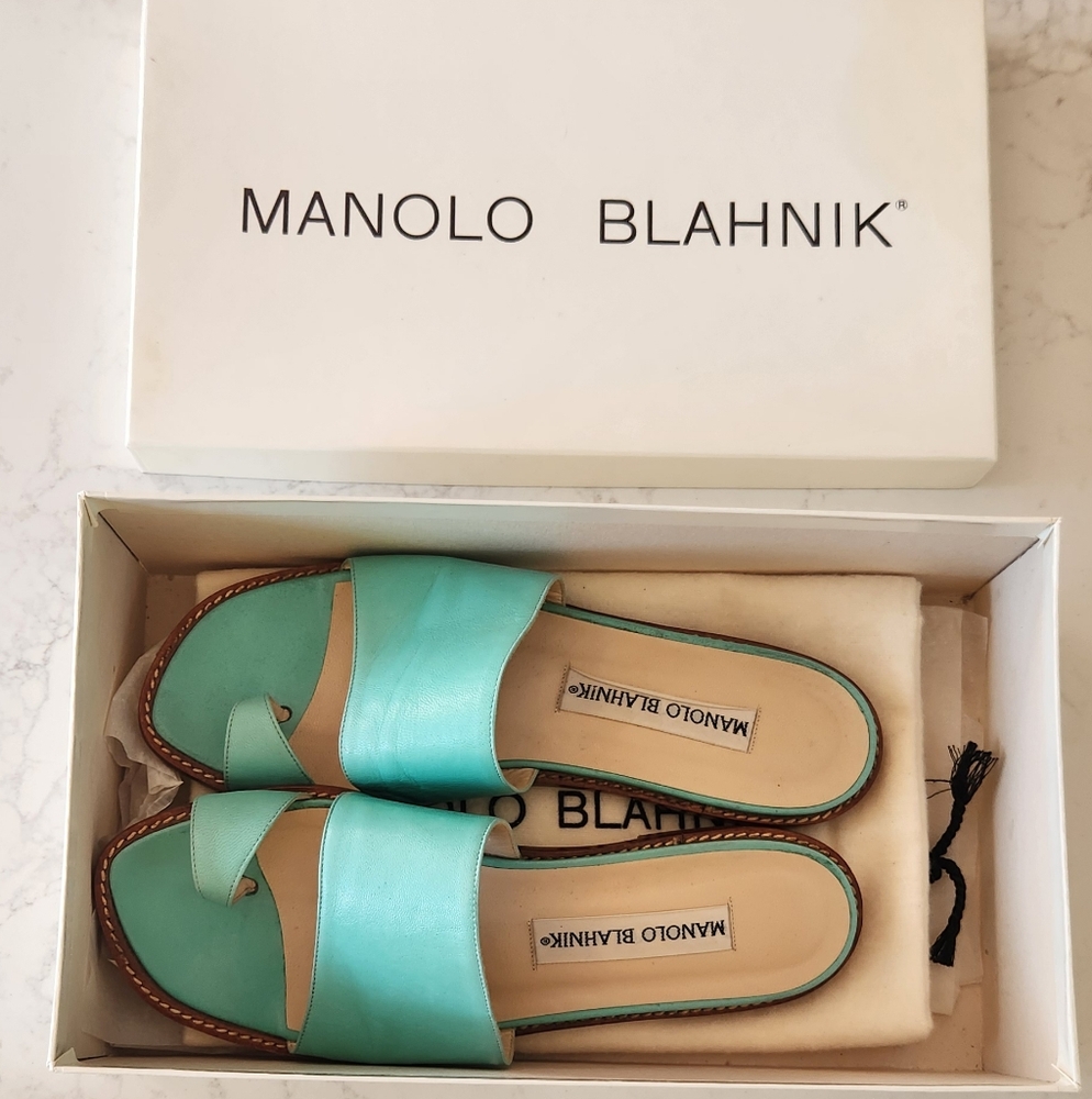 Vintage Manolo Blahnik Turquoise Leather Sandals With Box & Dust Bag